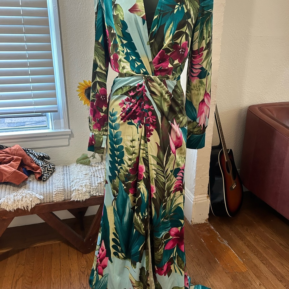 Fashion Nova Green Teal Floral Long Sleeve Wrap Maxi Dress.